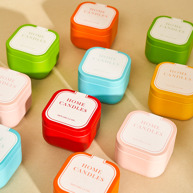 Colored square candle in tin mini soy candles UK